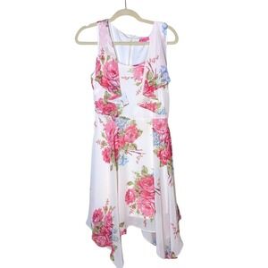 Betsey Johnson‎ Women's Size 8 Floral Dress White Pink Handkerchief Hem Cocktail